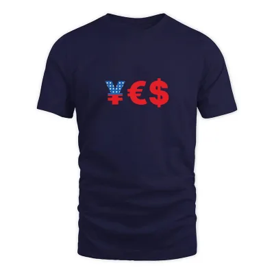 Men's Navy Yes Money Currency Yen Euro Dollars American Flag T-Shirt