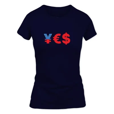 Women's Navy Yes Money Currency Yen Euro Dollars American Flag T-Shirt